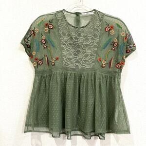 Zara Olive Green Sheer Floral Embroidered Short Sleeve Baby Doll Blouse Top XS